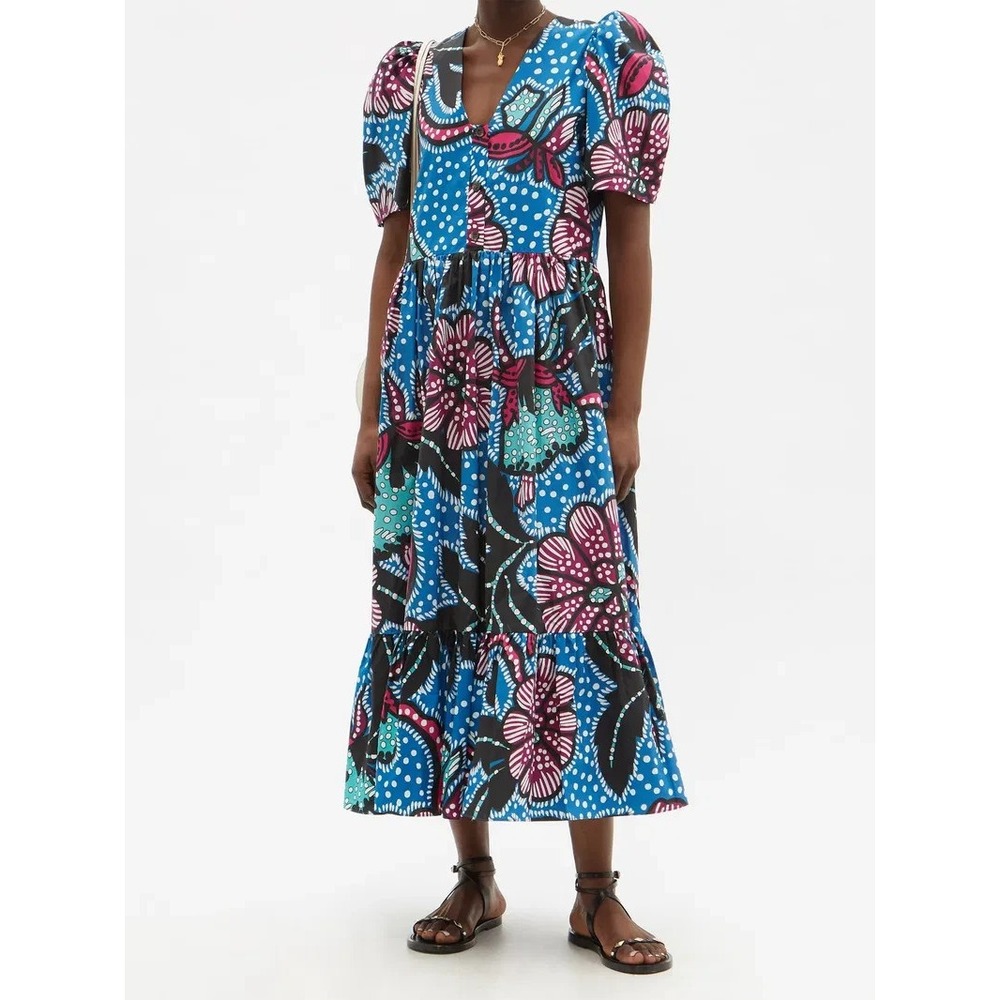 Rhode Nisha Puff-Sleeve Cotton-Poplin Midi Dress Size XS